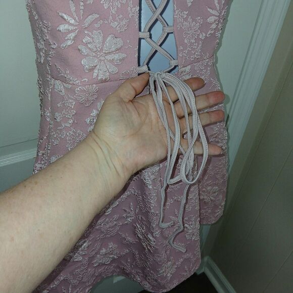 Coquette Pink Floral Jacquard Mini Dress Lace Up Corset Back Sexy Romantic NWT L - Picture 11 of 16